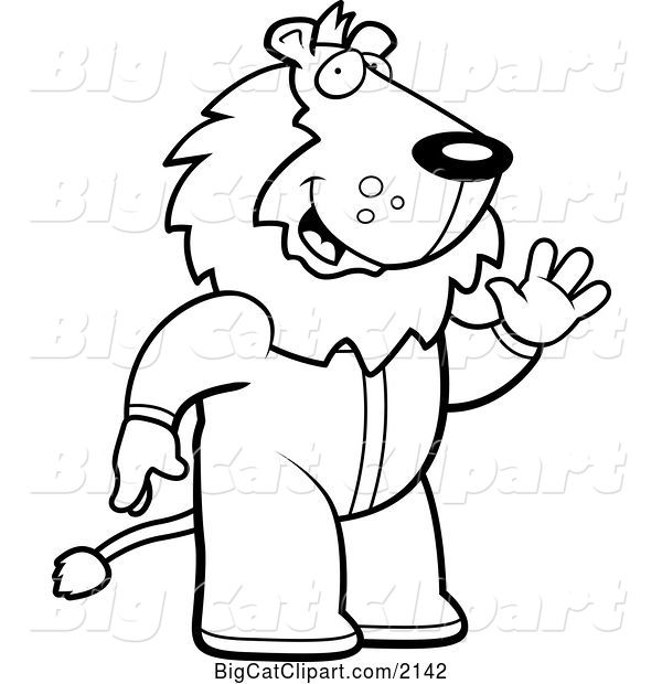 Vector Clipart of a Cartoon Black and White Waving Lion in Footie Pajamas