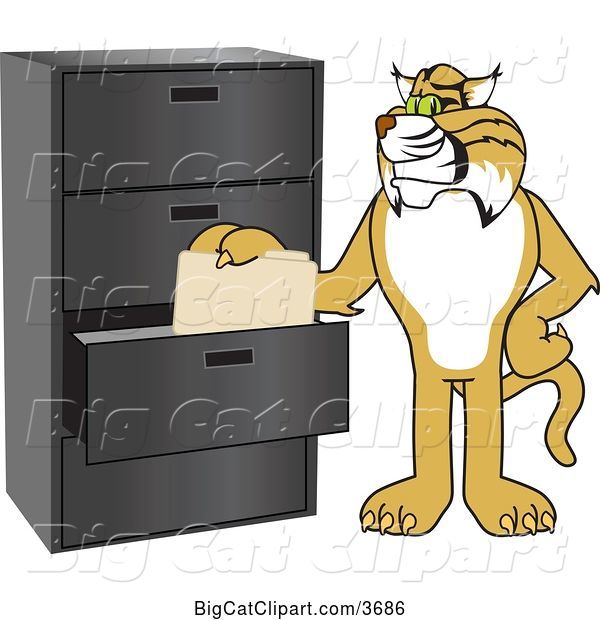 Vector Clipart of a Cartoon Bobcat School Mascot Filing Folders, Symbolizing Organization