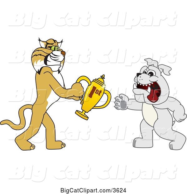 Vector Clipart of a Cartoon Bobcat School Mascot Giving a First Place Trophy to a Bulldog, Symbolizing Teamwork and Sportsmanship