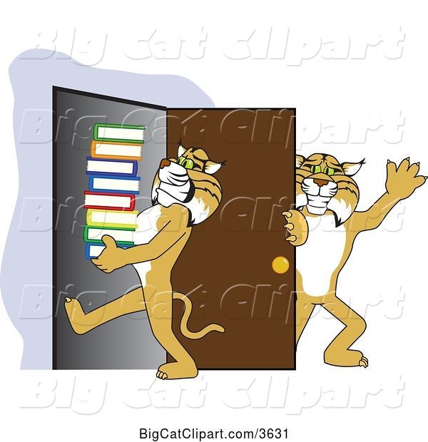 Vector Clipart of a Cartoon Bobcat School Mascot Holding a Door for Another Carrying Books, Symbolizing Compassion