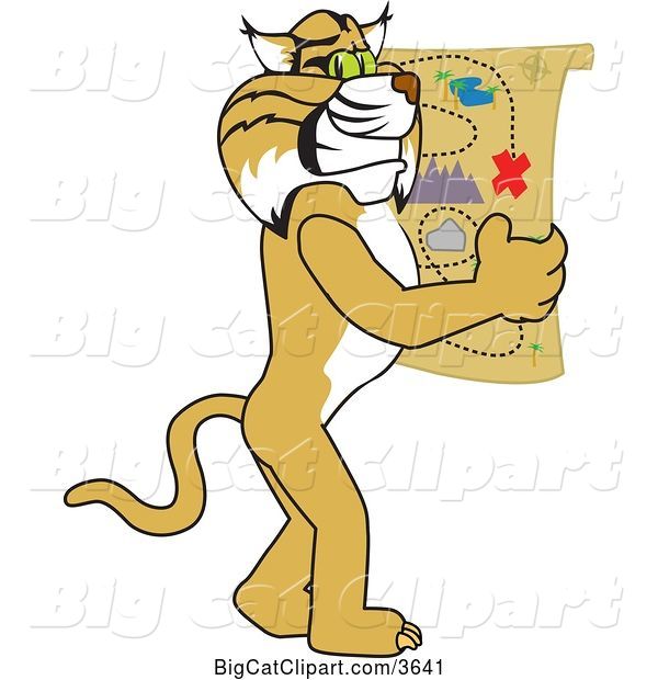 Vector Clipart of a Cartoon Bobcat School Mascot Holding a Map, Symbolizing Being Proactive