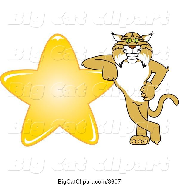 Vector Clipart of a Cartoon Bobcat School Mascot Leaning Against a Gold Star, Symbolizing Excellence