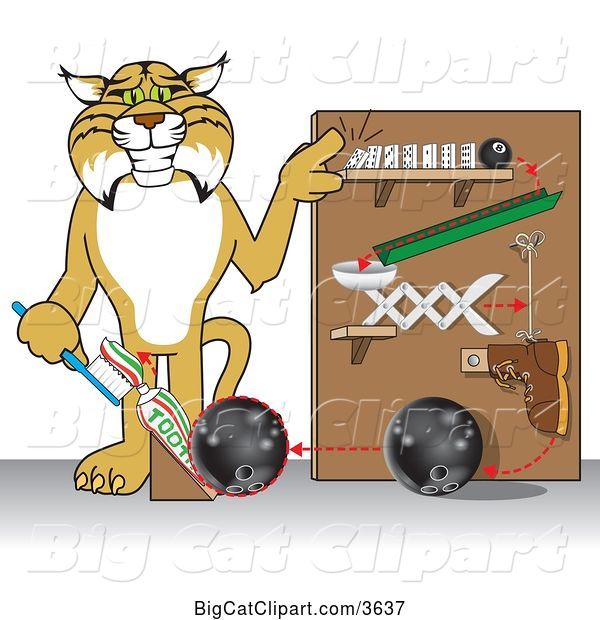 Vector Clipart of a Cartoon Bobcat School Mascot Showing a Toothpaste Dispenser Invention, Symbolizing Being Resourceful