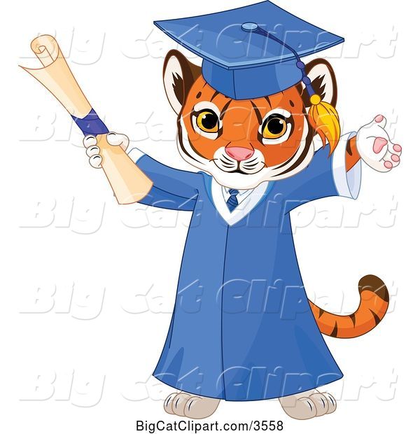 Vector Clipart of a Tiger Cub Graduate Cheering in a Cap and Gown and Holding a Diploma