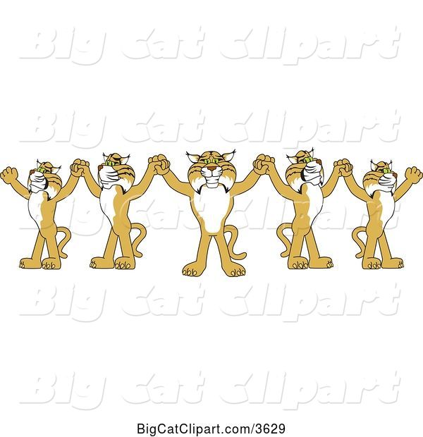 Vector Clipart of Cartoon Team of Bobcat School Mascots Holding Hands, Symbolizing Leadership