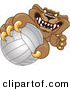 Big Cat Cartoon Vector Clipart of a Brown Cougar Mascot Character Grabbing a Volleyball by Mascot Junction