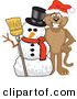 Big Cat Cartoon Vector Clipart of a Brown Cougar Mascot Character with a Snowman by Toons4Biz