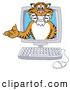 Big Cat Cartoon Vector Clipart of a Cheerful Tiger Character School Mascot in a Computer by Mascot Junction