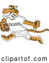 Big Cat Cartoon Vector Clipart of a Energetic Tiger Character School Mascot Playing Football by Mascot Junction