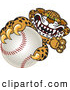 Big Cat Cartoon Vector Clipart of a Friendly Cheetah, Jaguar or Leopard Character School Mascot Grabbing a Baseball by Mascot Junction