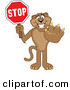 Big Cat Cartoon Vector Clipart of a Friendly Cougar Mascot Character Holding a Stop Sign by Toons4Biz