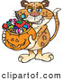 Big Cat Cartoon Vector Clipart of a Friendly Trick or Treating Leopard Holding a Pumpkin Basket Full of Halloween Candy by Dennis Holmes Designs