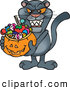 Big Cat Cartoon Vector Clipart of a Frightening Trick or Treating Panther Holding a Pumpkin Basket Full of Halloween Candy by Dennis Holmes Designs