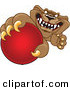 Big Cat Cartoon Vector Clipart of a Grinning Brown Cougar Mascot Character Grabbing a Ball by Toons4Biz