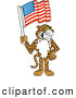 Big Cat Cartoon Vector Clipart of a Grinning Cheetah, Jaguar or Leopard Character School Mascot Holding an American Flag by Mascot Junction