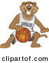 Big Cat Cartoon Vector Clipart of a Grinning Cougar Mascot Character Dribbling a Basketball by Toons4Biz