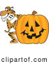 Big Cat Cartoon Vector Clipart of a Grinning Tiger Character School Mascot with a Halloween Pumpkin by Mascot Junction