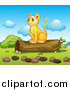 Big Cat Cartoon Vector Clipart of a Happy Lion Cub Sitting on a Log by