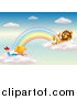 Big Cat Cartoon Vector Clipart of a King Lion and Girl Talking on Rainbow Clouds in the Sky by