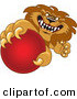 Big Cat Cartoon Vector Clipart of a Lion Character Mascot Grabbing a Red Ball on White by Mascot Junction