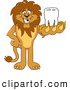Big Cat Cartoon Vector Clipart of a Lion Character Mascot Holding a Tooth in His Paw by Mascot Junction