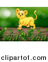 Big Cat Cartoon Vector Clipart of a Lion Cub on a Log by