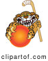 Big Cat Cartoon Vector Clipart of a Mad Cheetah, Jaguar or Leopard Character School Mascot Grabbing a Hockey Ball by Mascot Junction