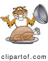 Big Cat Cartoon Vector Clipart of a Smiling Tiger Character School Mascot Serving a Thanksgiving Turkey by Toons4Biz