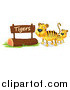 Big Cat Cartoon Vector Clipart of a Two Tigers by a Wooden Sign by