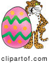 Big Cat Cartoon Vector Clipart of an Outgoing Cheetah, Jaguar or Leopard Character School Mascot with an Easter Egg by Mascot Junction