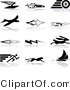 Big Cat Clipart of a Collection of Black Silhouetted Speed Icons on White: a Flying Envelope, Race Car, Tire, Bird, Jet, Super Hero, Rocket, Lightning Bolt, Hare, Sprinter, Cheetah, and Sail Boat by AtStockIllustration
