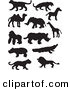 Big Cat Vector Clipart of a Digital Collage of Profiled Black Silhouetted Wildlife on a White Background by JR