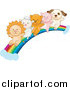 Big Cat Vector Clipart of a Lion, Lamb, Kitten, Piglet and Puppy Going down a Rainbow by BNP Design Studio