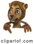 Big Cat Vector Clipart of a Smiling Lion Character Pointing to and Standing Behind a Blank Sign by Julos
