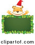 Cartoon Vector Clipart of a Santa Tiger Above Blank Holly Sign by Qiun