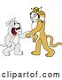Vector Clipart of a Cartoon Bobcat School Mascot Shaking Hands with a Bulldog, Symbolizing Acceptance and Introduction by Mascot Junction