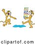 Vector Clipart of a Cartoon Bobcat School Mascot Warning Another That Is Carrying a Stack of Books About a Puddle, Symbolizing Being Proactive by Mascot Junction