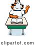 Vector Clipart of a Cartoon Tiger Student Raising His Hand at a Desk by Cory Thoman