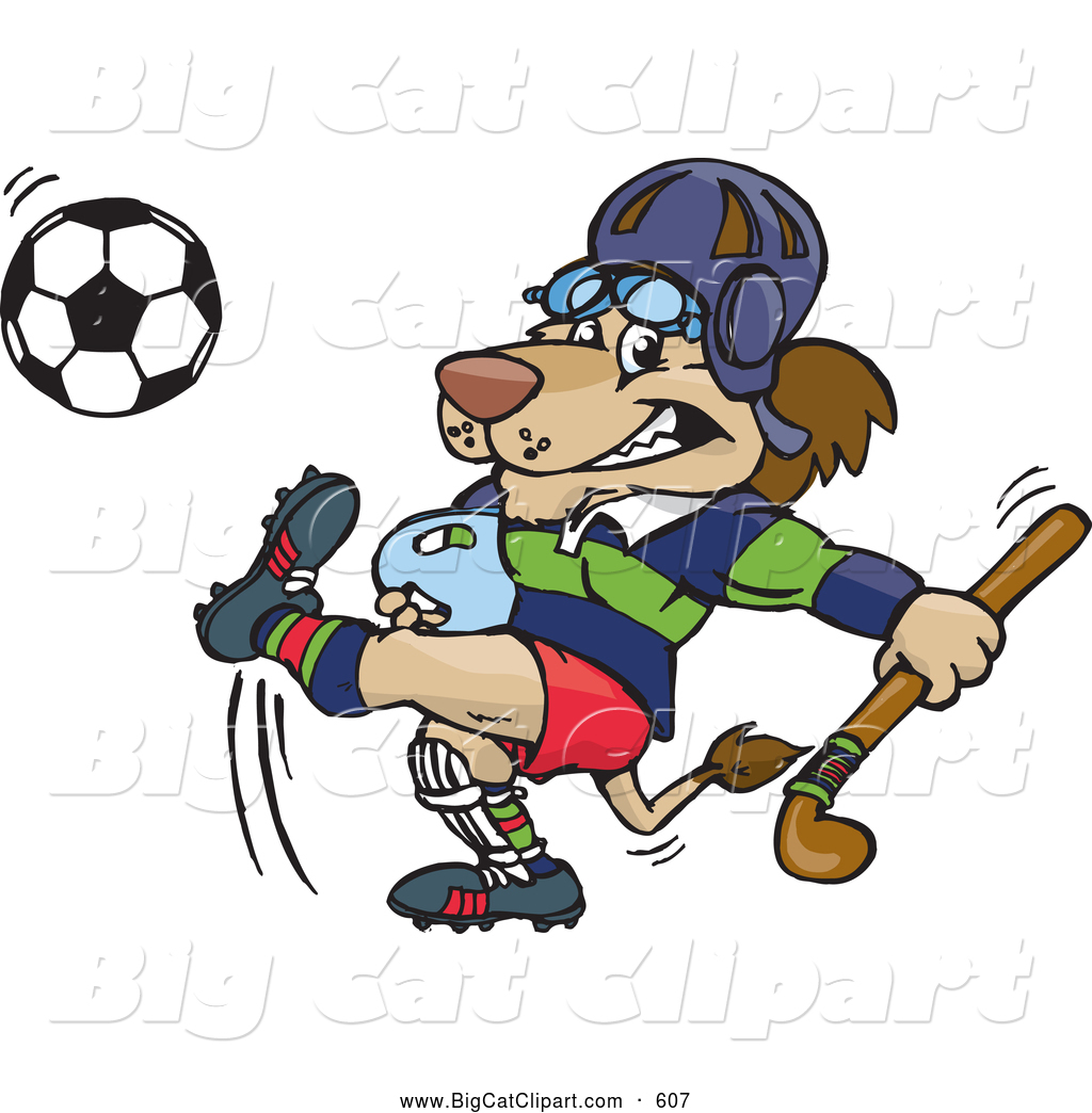 Big Cat Cartoon Vector Clipart of a Lion Carrying a Hockey Stick and  Kicking a Soccer Ball, on White by Dennis Holmes Designs - #607