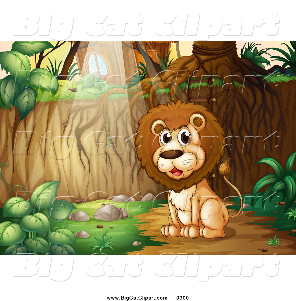 Big Cat Cartoon Vector Clipart Of A Lion Sitting In The Woods Near