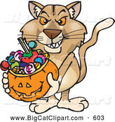 Big Cat Cartoon Vector Clipart of a Aggressive Trick or Treating Puma Holding a Pumpkin Basket Full of Halloween Candy by Dennis Holmes Designs