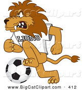 Big Cat Cartoon Vector Clipart of a Angry Lion Character Mascot Playing Soccer by Mascot Junction