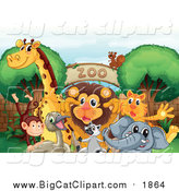 Big Cat Cartoon Vector Clipart of a Animals Gathered at a Zoo Entrance by