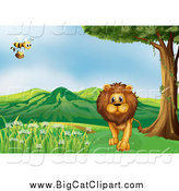 Big Cat Cartoon Vector Clipart of a Bee Flying over a Male Lion near a Path by