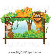 Big Cat Cartoon Vector Clipart of a Bird Tiger Monkey Squirrel and Male Lion Playing on a Forest Frame by