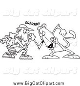 Big Cat Cartoon Vector Clipart of a Black and White Brave Man Wrestling with a Cougar by Toonaday