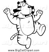 Big Cat Cartoon Vector Clipart of a Black and White Cheering Jumping Tiger by Cory Thoman