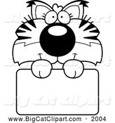 Big Cat Cartoon Vector Clipart of a Black and White Cute Bobcat Cub over a Sign by Cory Thoman