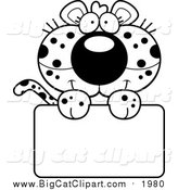 Big Cat Cartoon Vector Clipart of a Black and White Cute Leopard Cub over a Sign by Cory Thoman