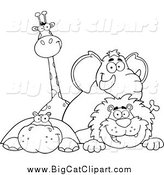 Big Cat Cartoon Vector Clipart of a Black and White Giraffe Elephant Hippo and Lion by Hit Toon